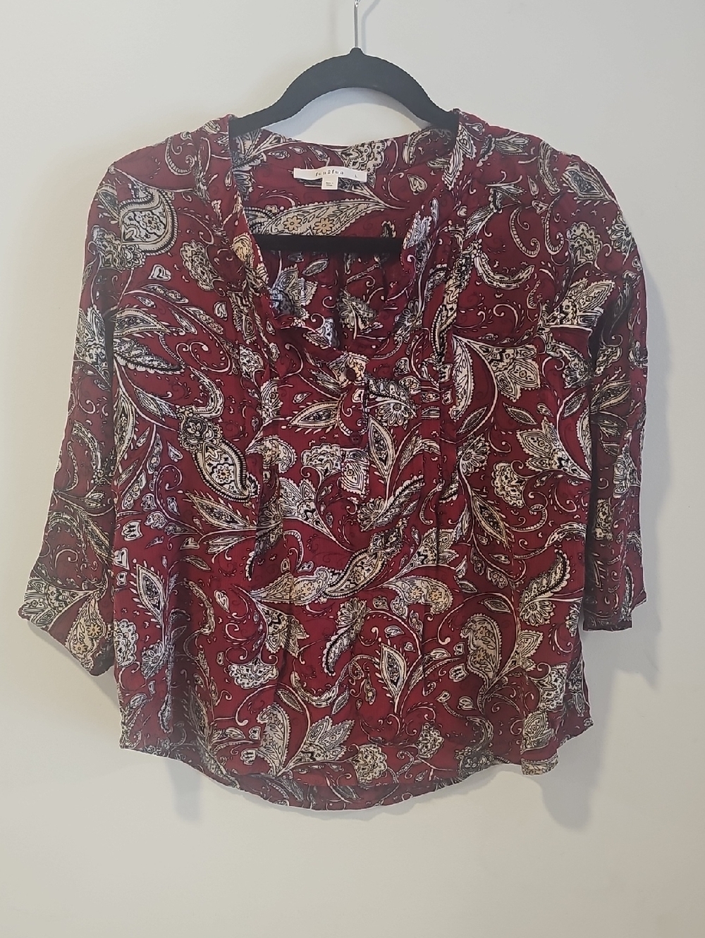 fun 2 fun Burgundy Paisley V-Neck Blouse with Tie